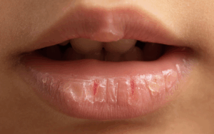 Nahaufnahme von porösen und trockenen Lippen einer Frau